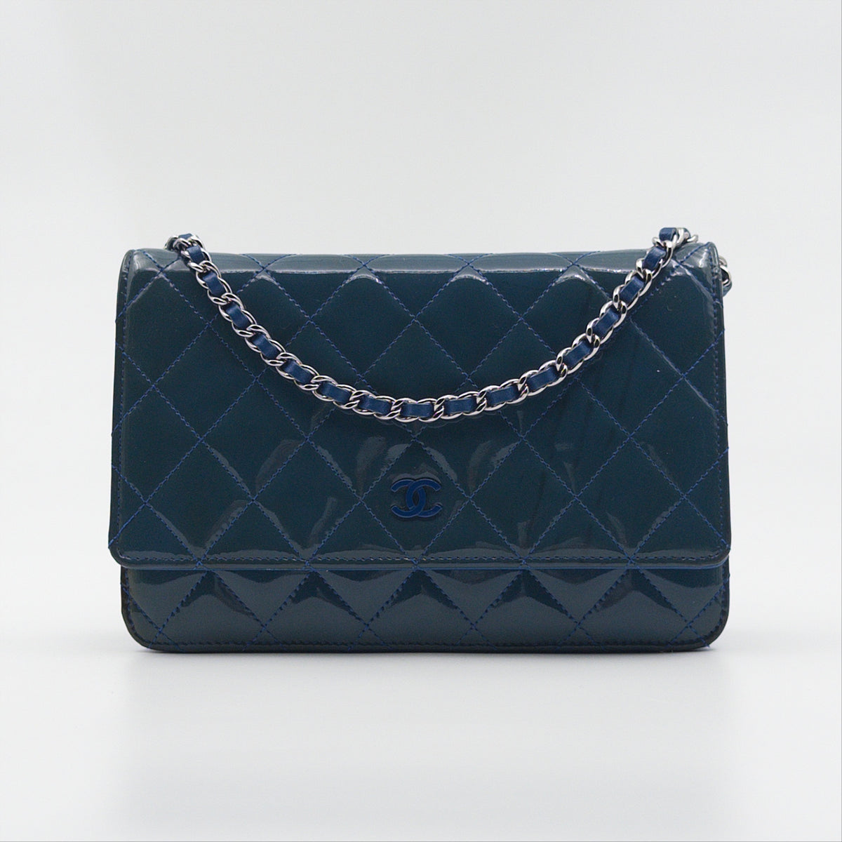 Pre-Owned Blue Patent Leather Wallet on Chain