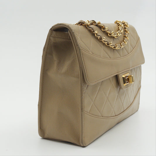 Pre-Owned Beige Lambskin Single Flap Shoulder Bag