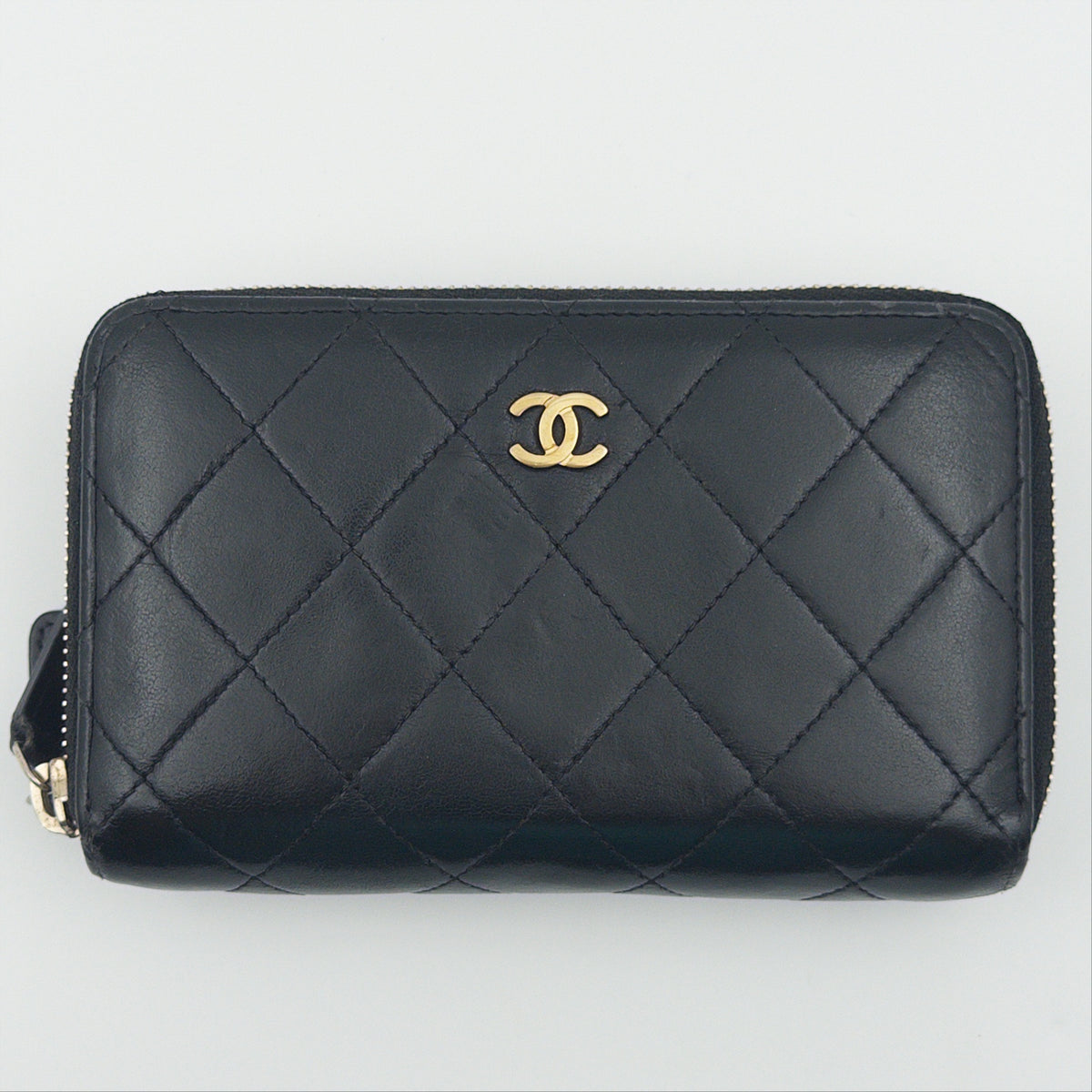 Pre-Owned Black Lambskin Double Zip Wallet