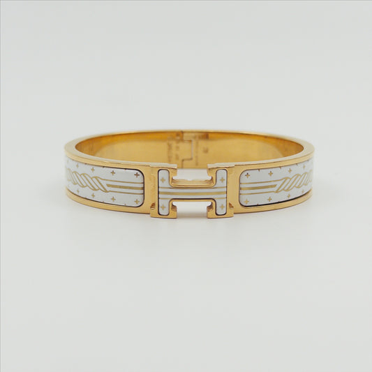 Pre-Owned White Enamel L.E. Gold-Plated Clic H Bracelet (PM)