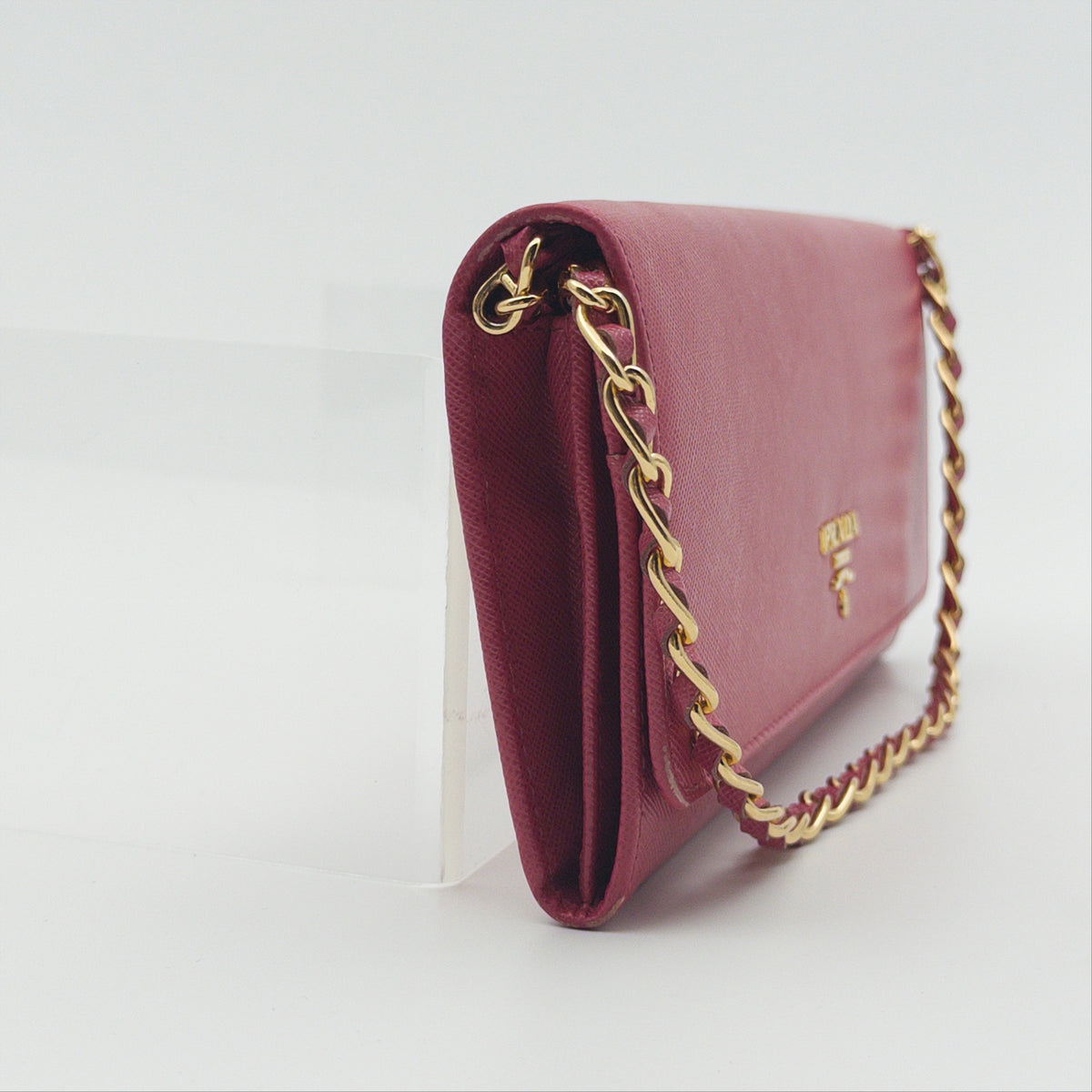 Pre-Owned Pink Saffiano Leather Wallet on Chain