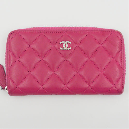 Pre-Owned Hot Pink Matelassé Lambskin Leather Zip Wallet