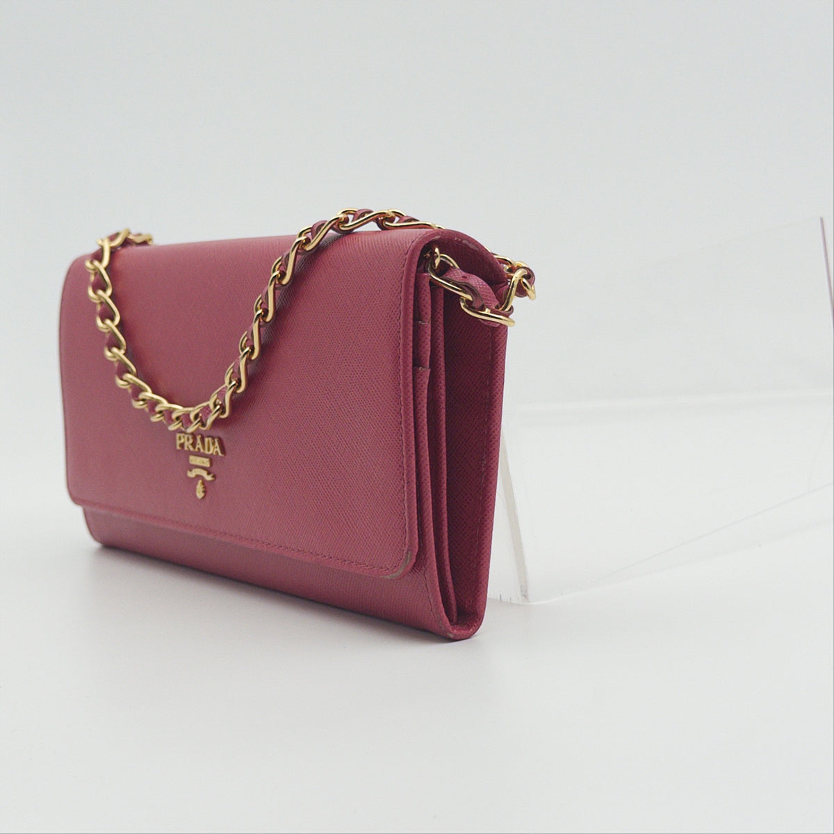 Pre-Owned Pink Saffiano Leather Wallet on Chain