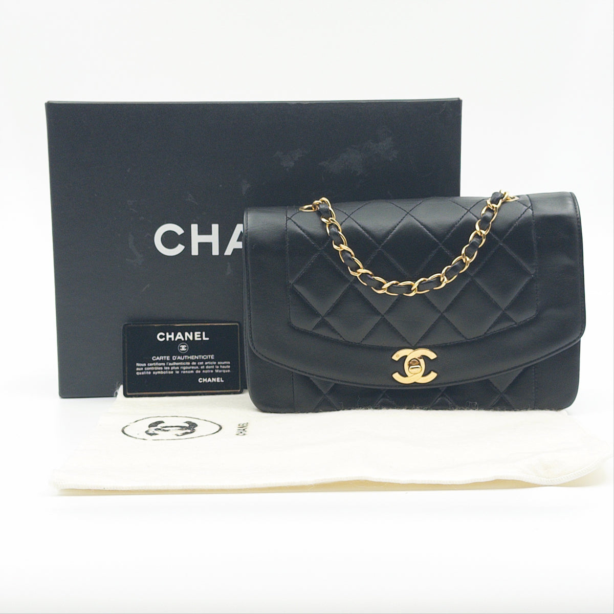 Pre-Owned Black Lambskin Diana Crossbody Bag