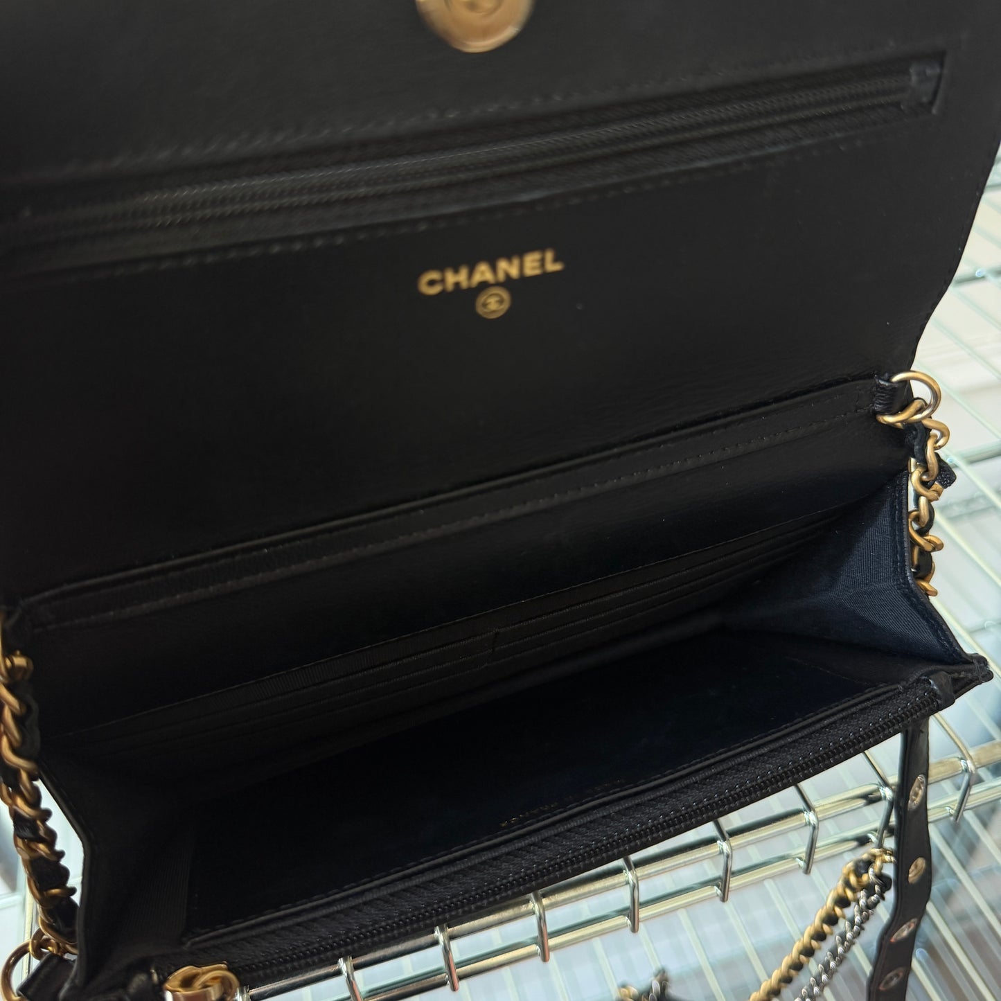 Pre-Owned Black Matelassé Lambskin 'Grommet' Wallet on Chain