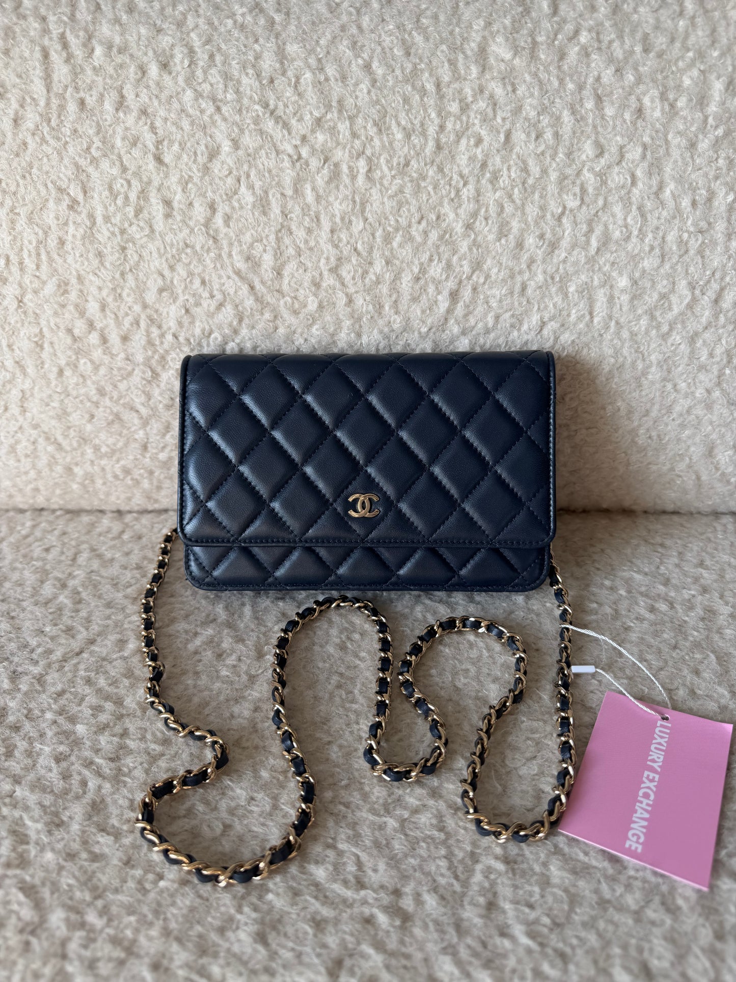 Pre-Owned Navy Matelassé Lambskin Leather Wallet on Chain