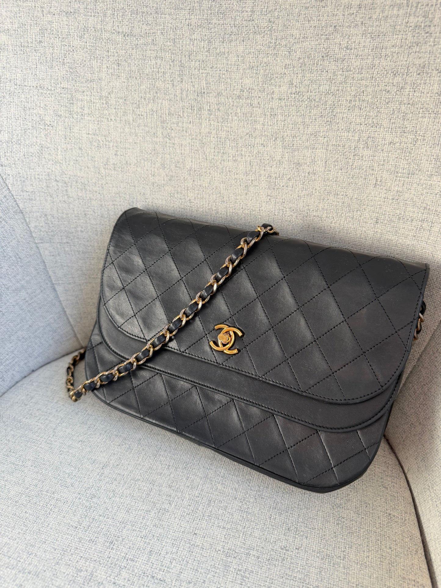Pre-Owned Black Matelassé Lambskin Halfmoon Double Flap