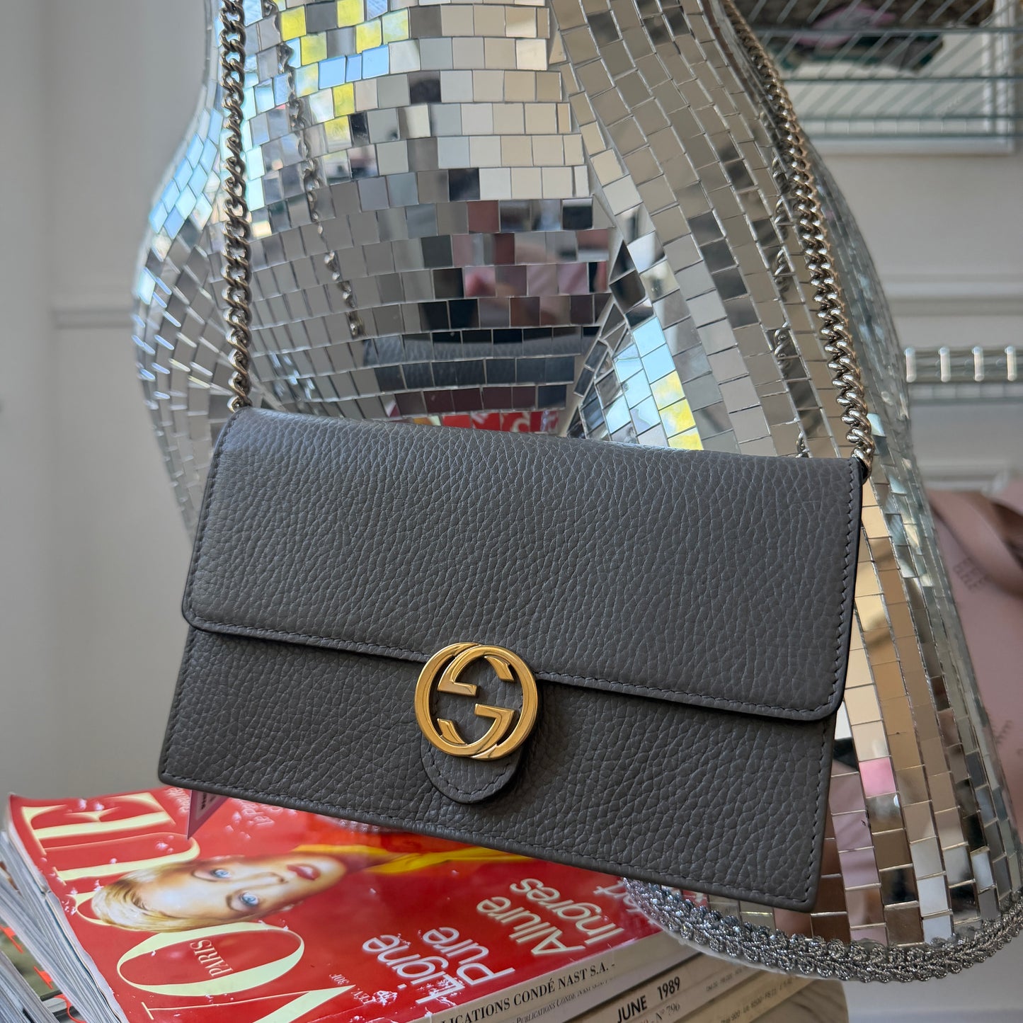 Pre-Owned Grey GG Leather Wallet on Chain