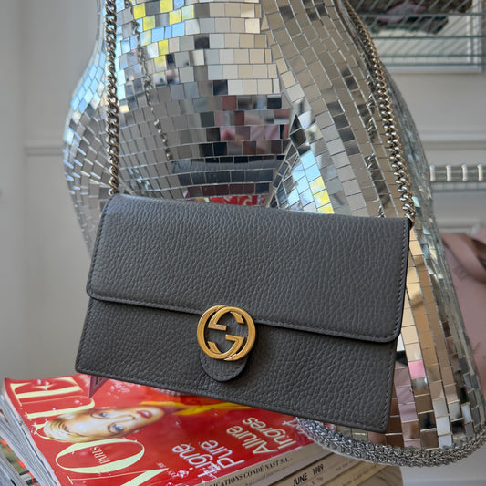 Pre-Owned Grey GG Leather Wallet on Chain
