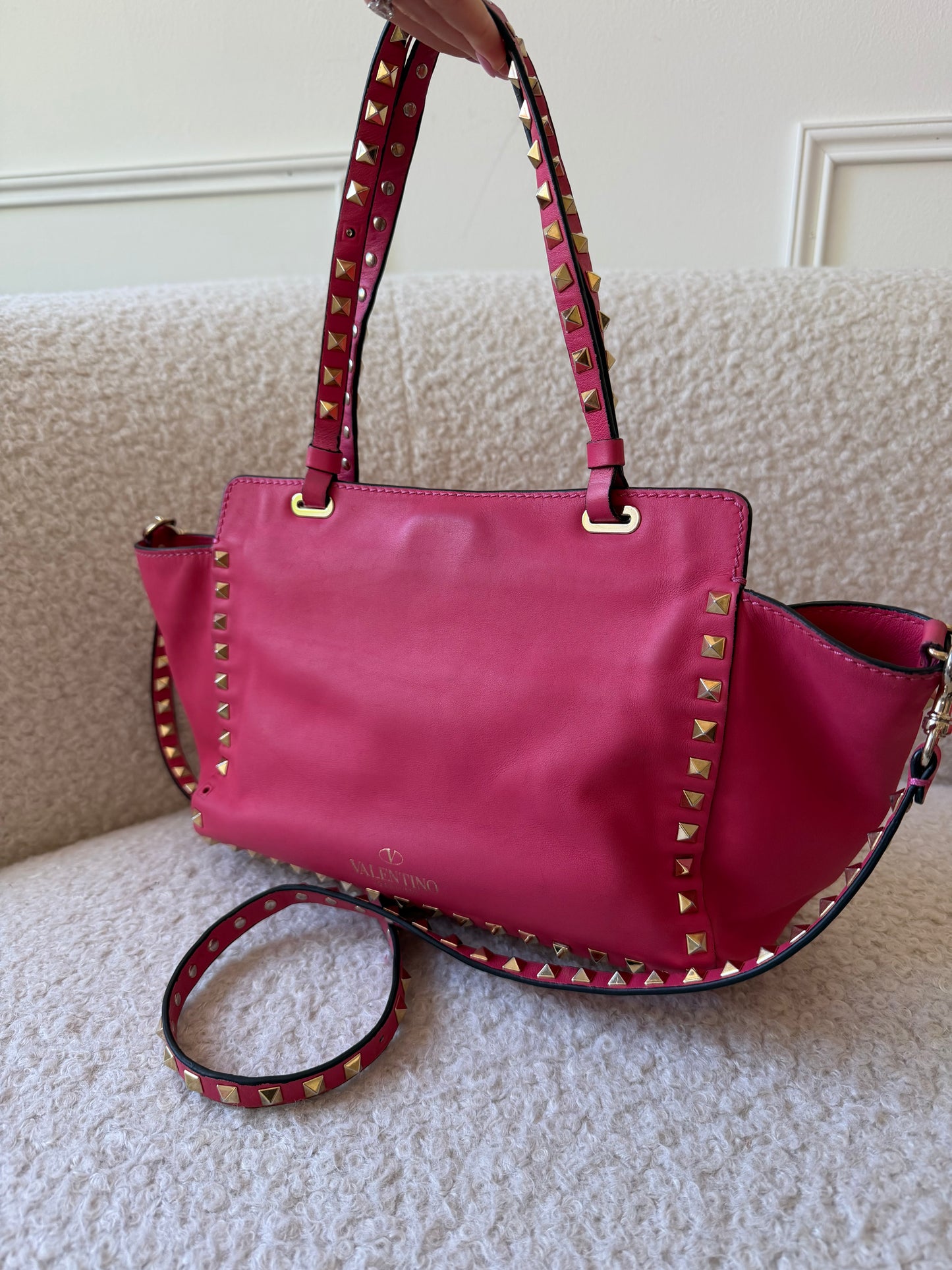 2000s Rouge Leather Rockstud Tote Handbag