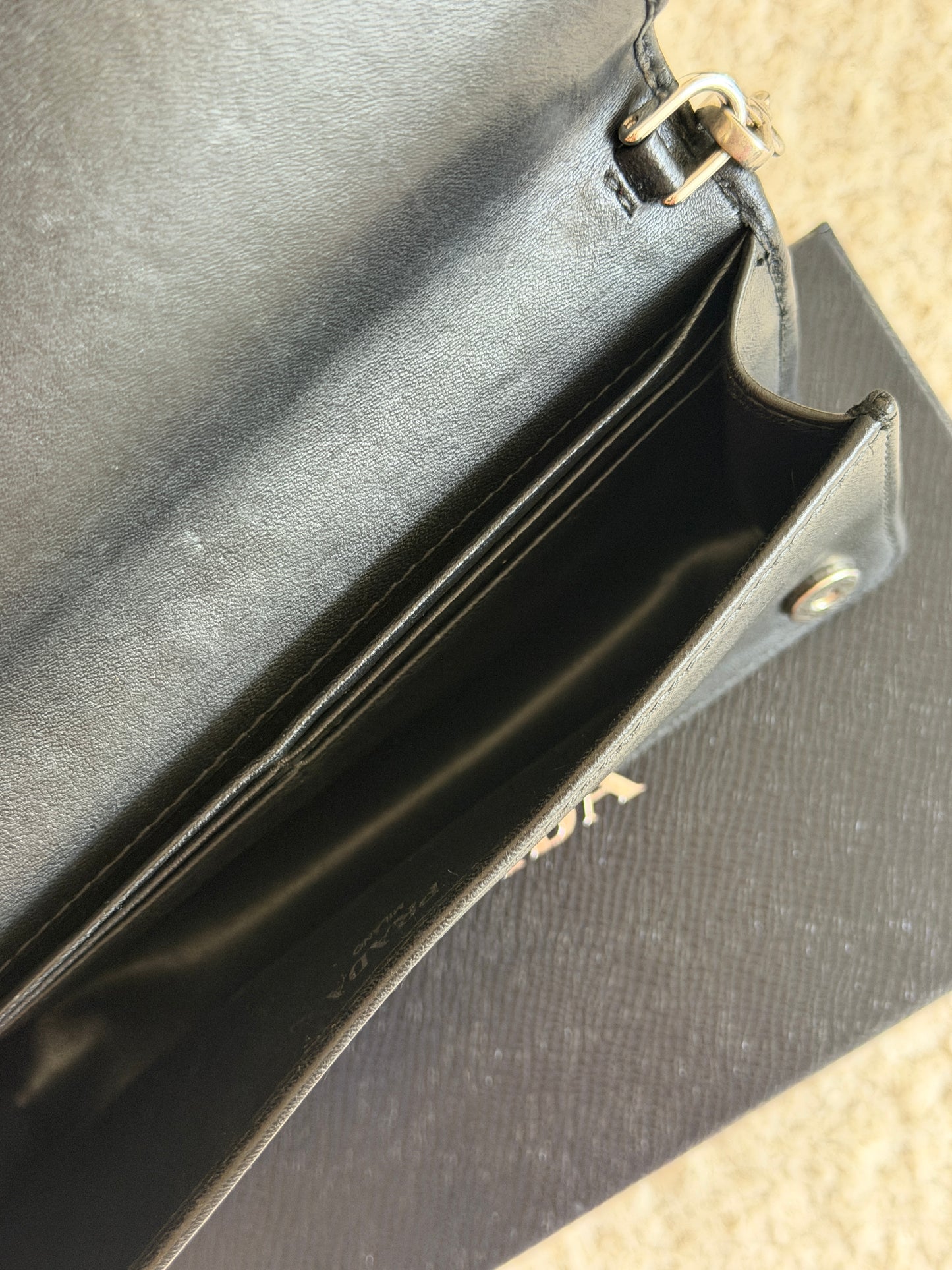 Pre-Owned Black Ruffled Leather Wallet on Chain
