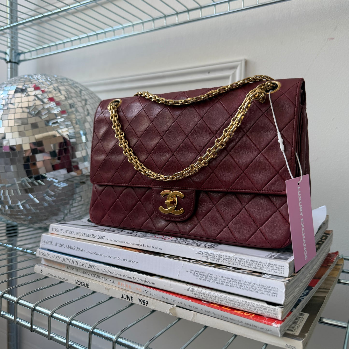 Pre-Owned Bordeaux Lambskin Double Flap Shoulder Bag