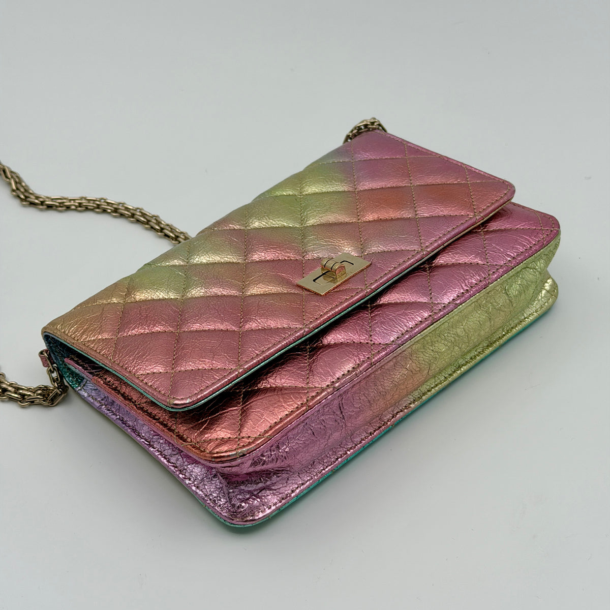 Pre-Owned Iridescent Calfskin Leather Wallet on Chain