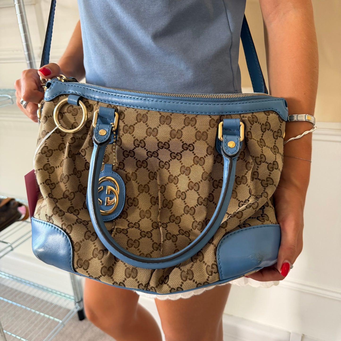 Pre-Owned Blue GG Canvas/Leather Sukey Crossbody Tote Bag