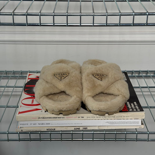 Beige Faux Fur Slides Size 38