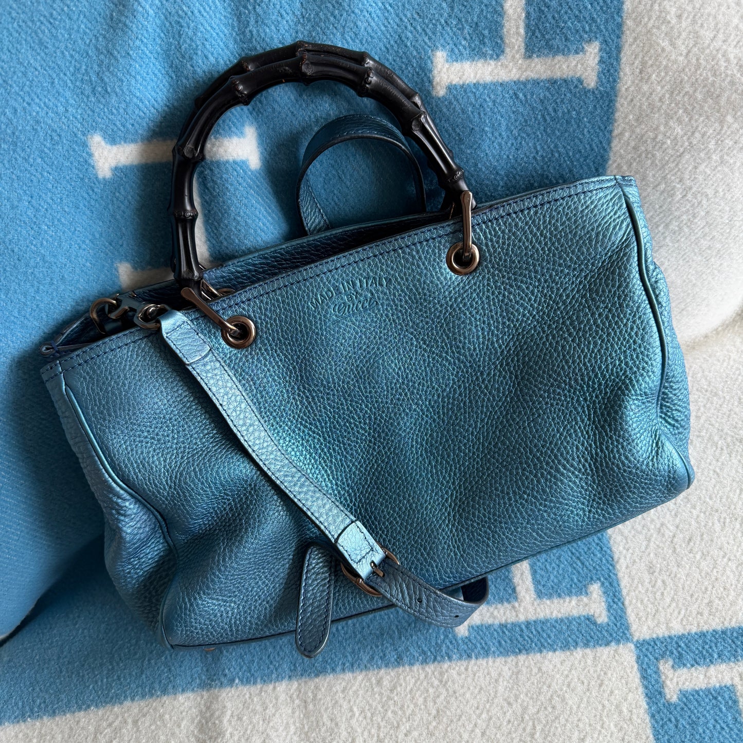 Pre-Owned Blue Metallic 'Bamboo' Leather Handbag