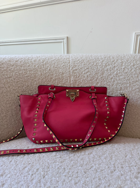 2000s Rouge Leather Rockstud Tote Handbag