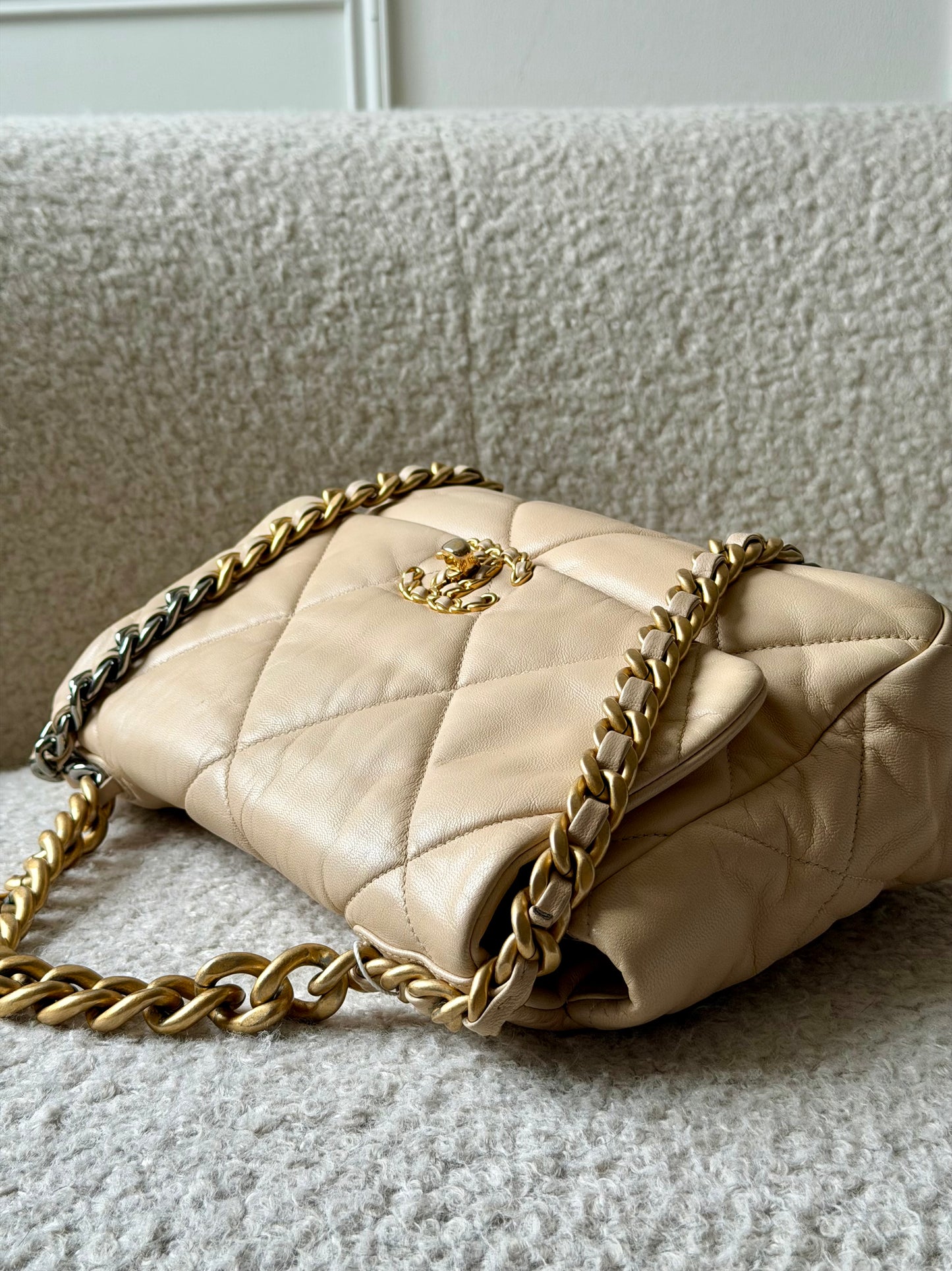 Beige Lambskin Leather 19 Single Flap Crossbody Bag