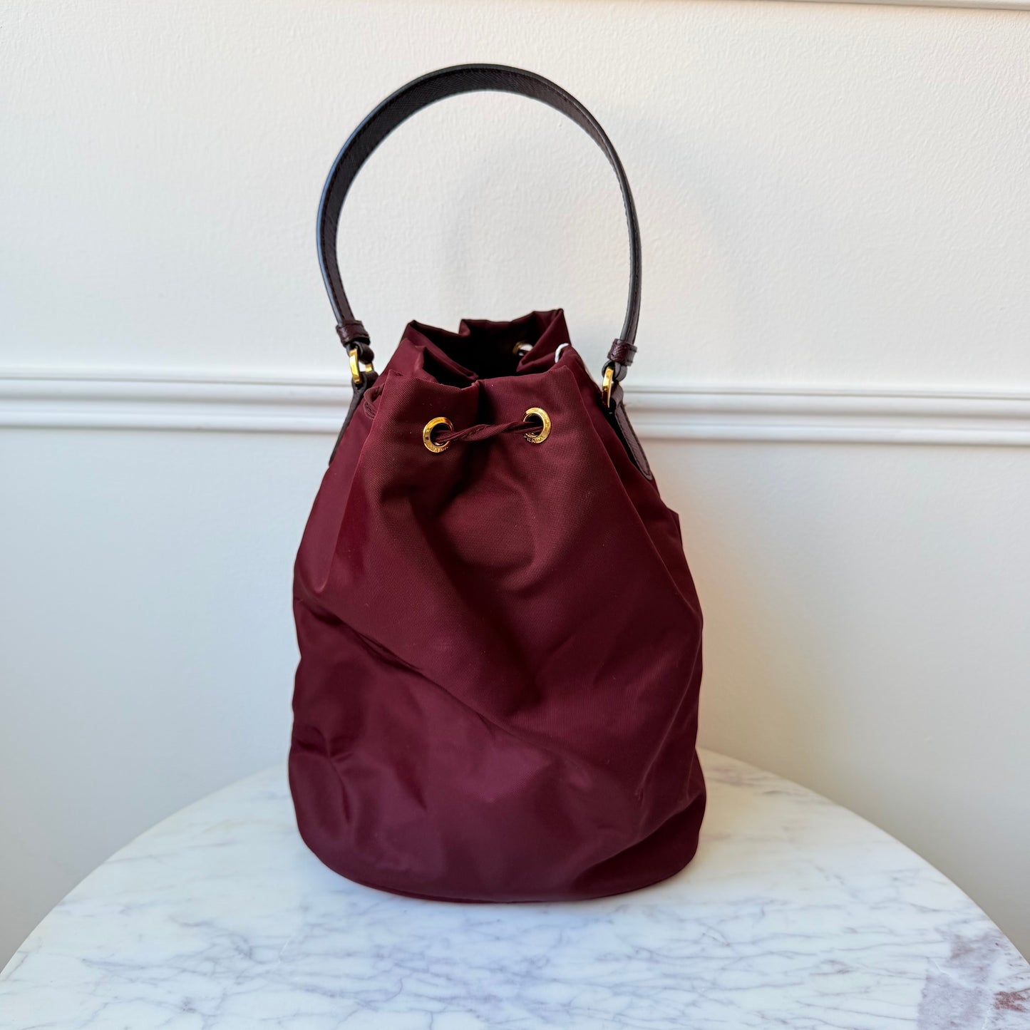 2020s Bordeaux Duet Re-Nylon Crossbody Bucket Bag