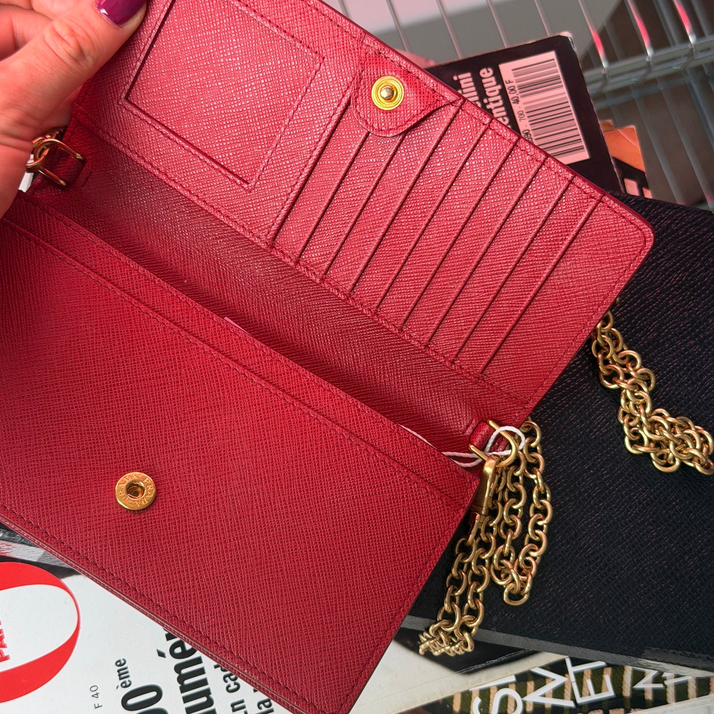Pre-Owned Red Saffiano Leather Wallet on Chain