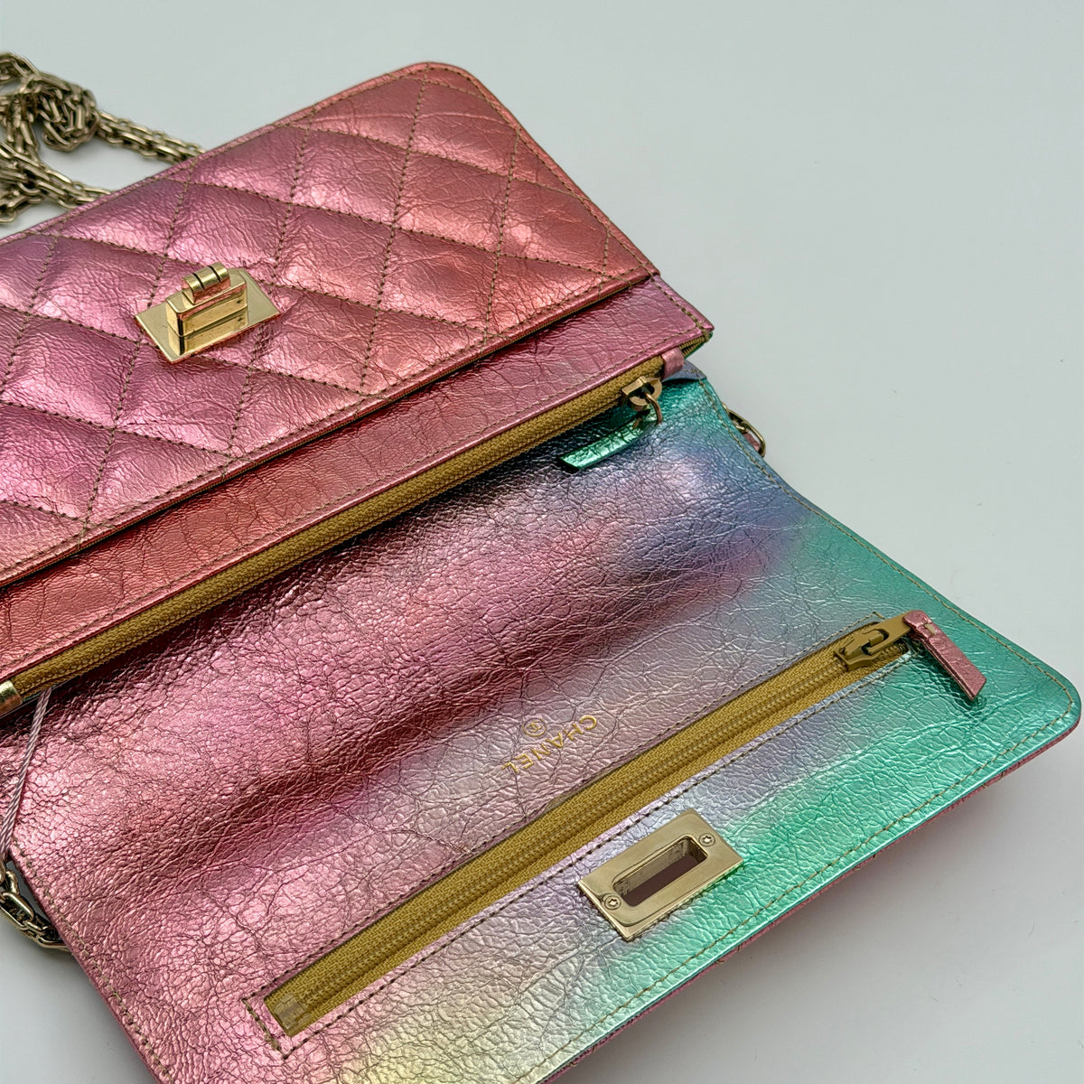 Pre-Owned Iridescent Calfskin Leather Wallet on Chain