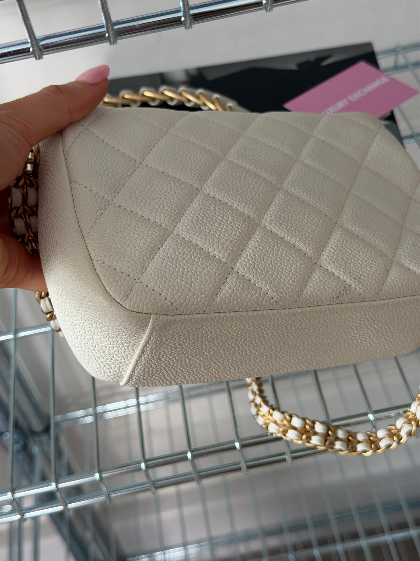 Pre-Owned White Caviar Double Chain Square Single Flap Crossbody Bag