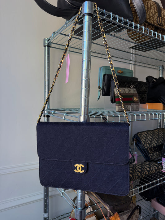 Pre-Owned Navy Cotton Single Flap Shoulder Bag