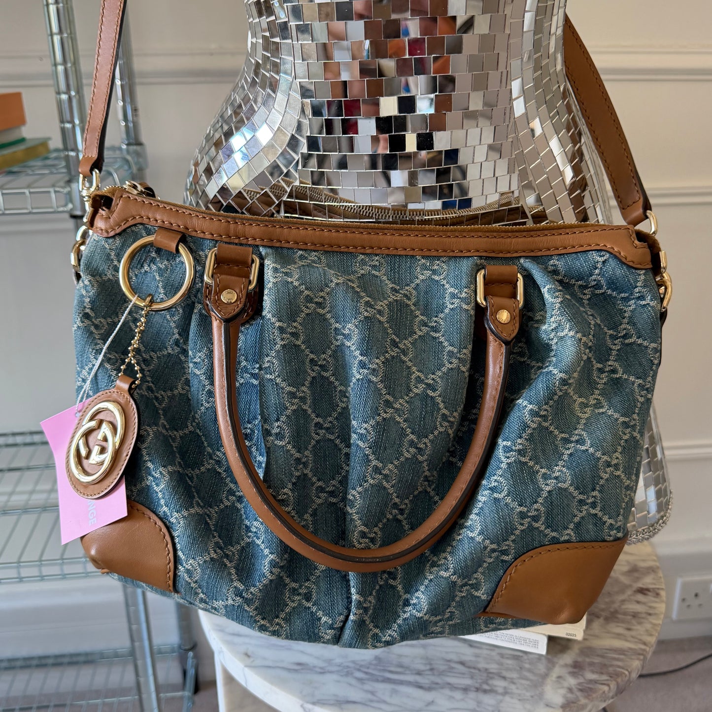 Pre-Owned Blue GG Denim/Leather Crossbody Sukey Tote Bag