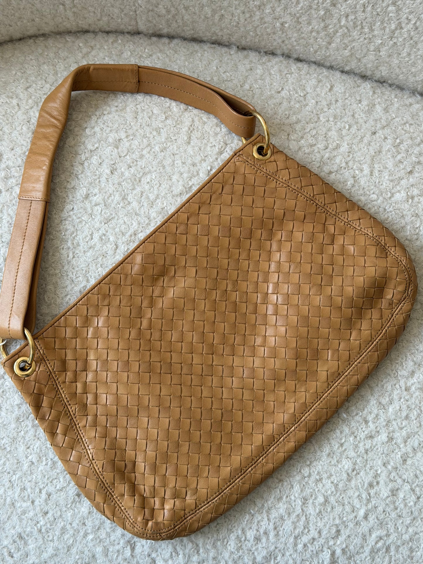Tan Intrecciato Leather Shoulder Bag