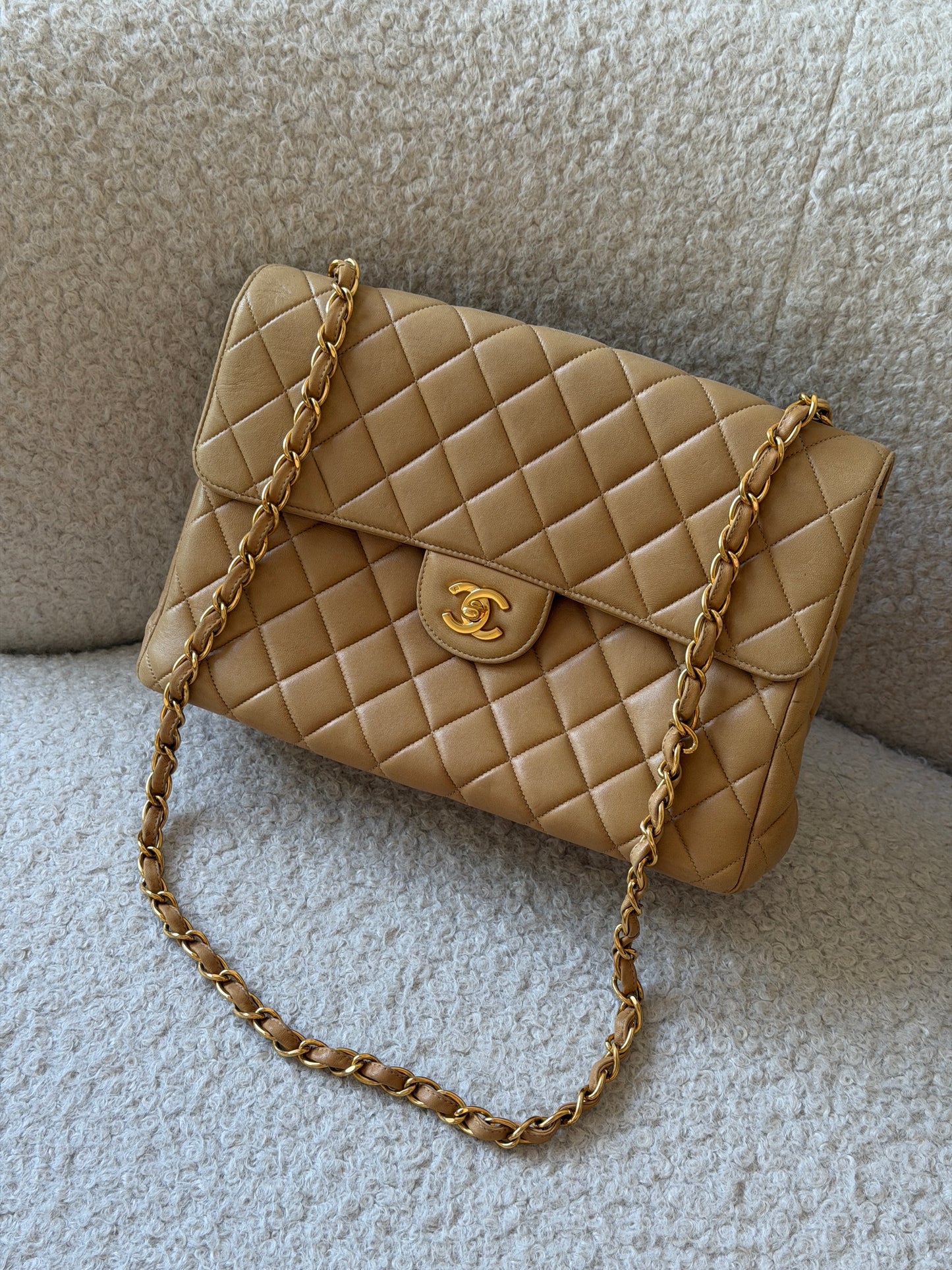 Beige Lambskin Leather Jumbo Single