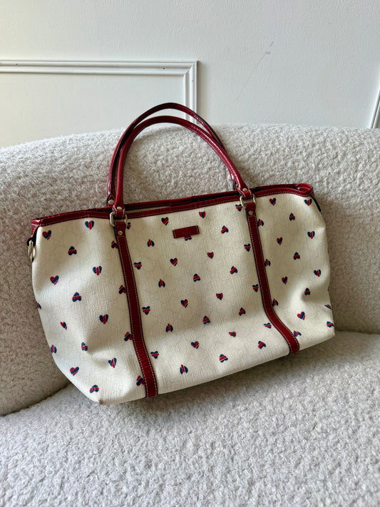 White w/Hearts GG Supreme Canvas Tote Bag