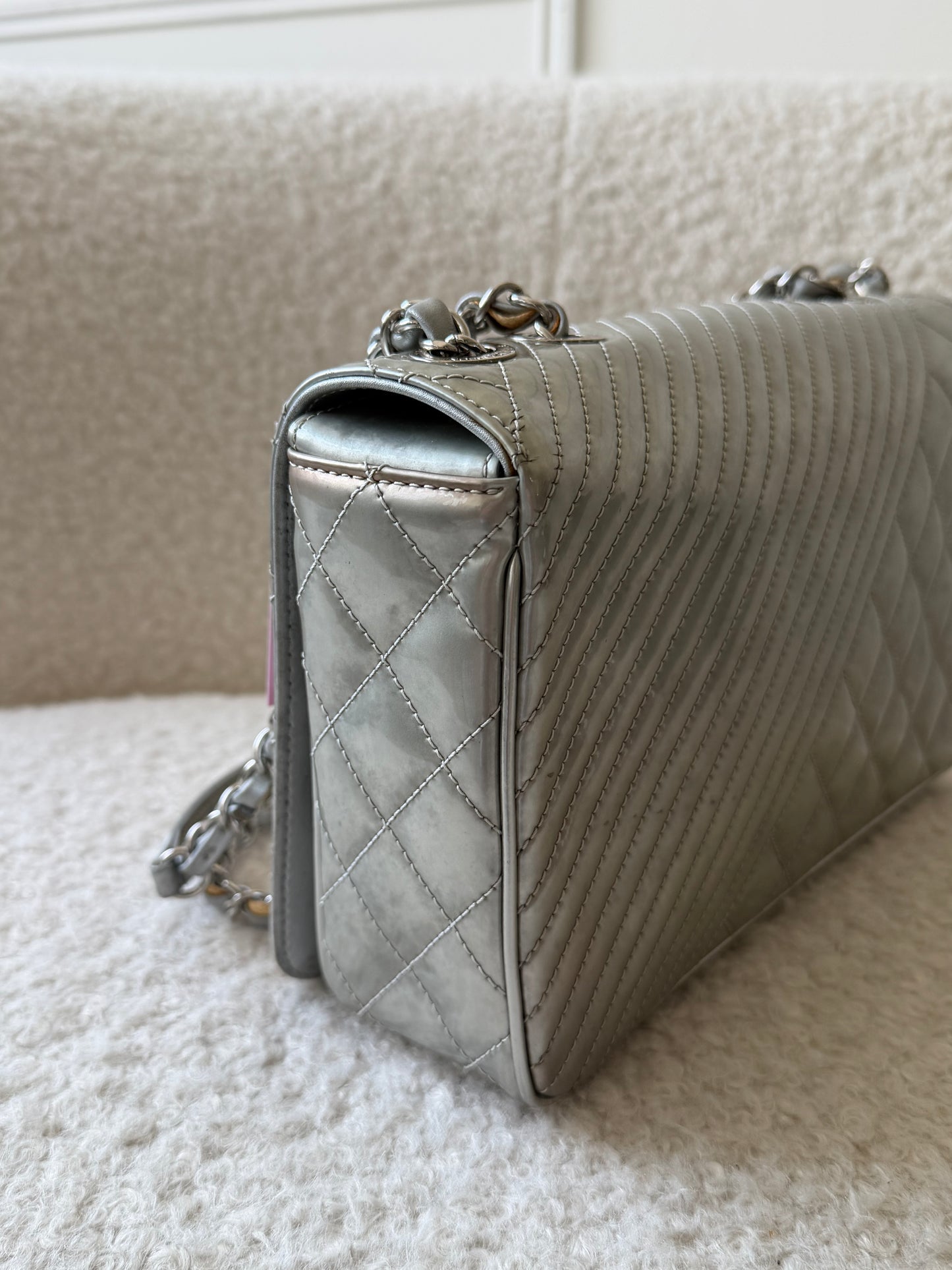 Silver Metallic Patent Single Flap Crossbody Handbag