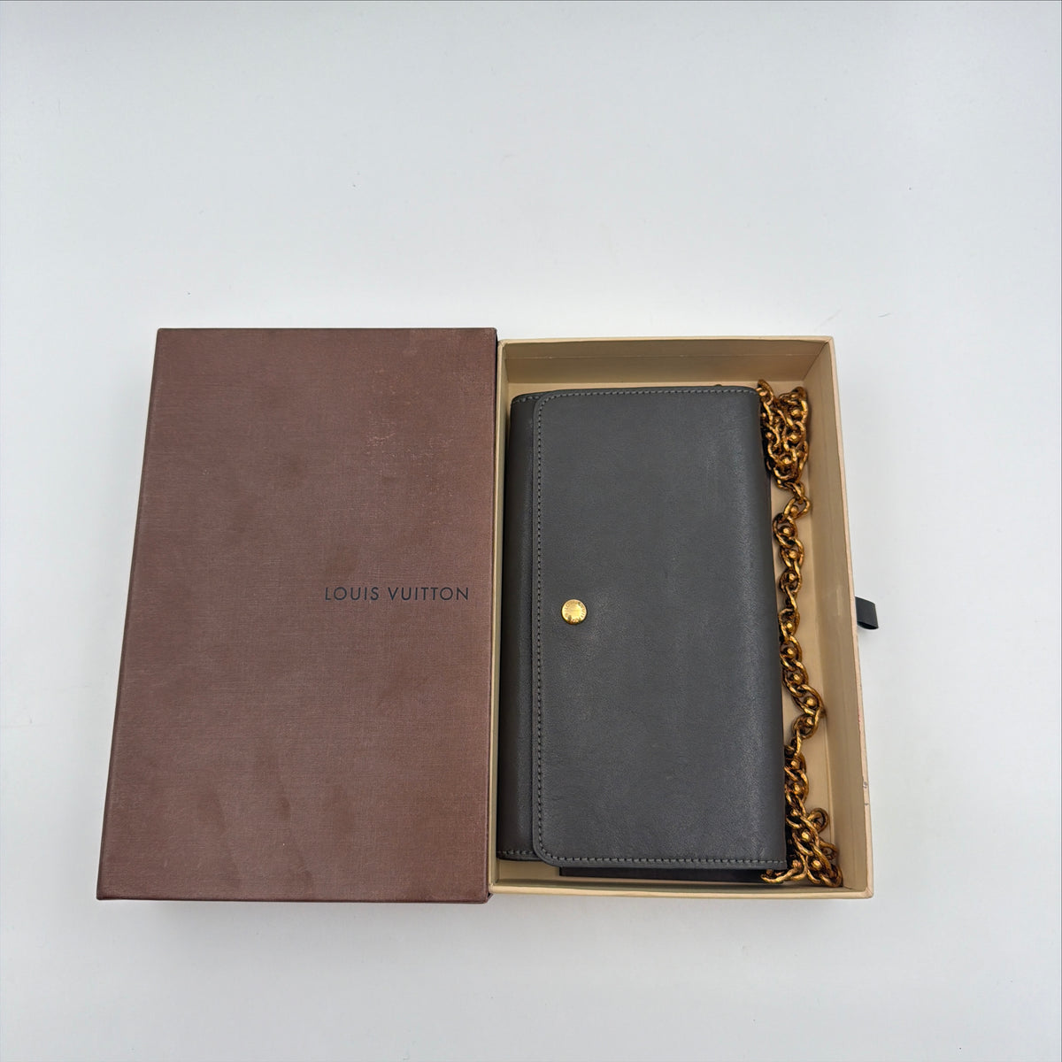Pre-Owned Grey Leather Wallet on Chain