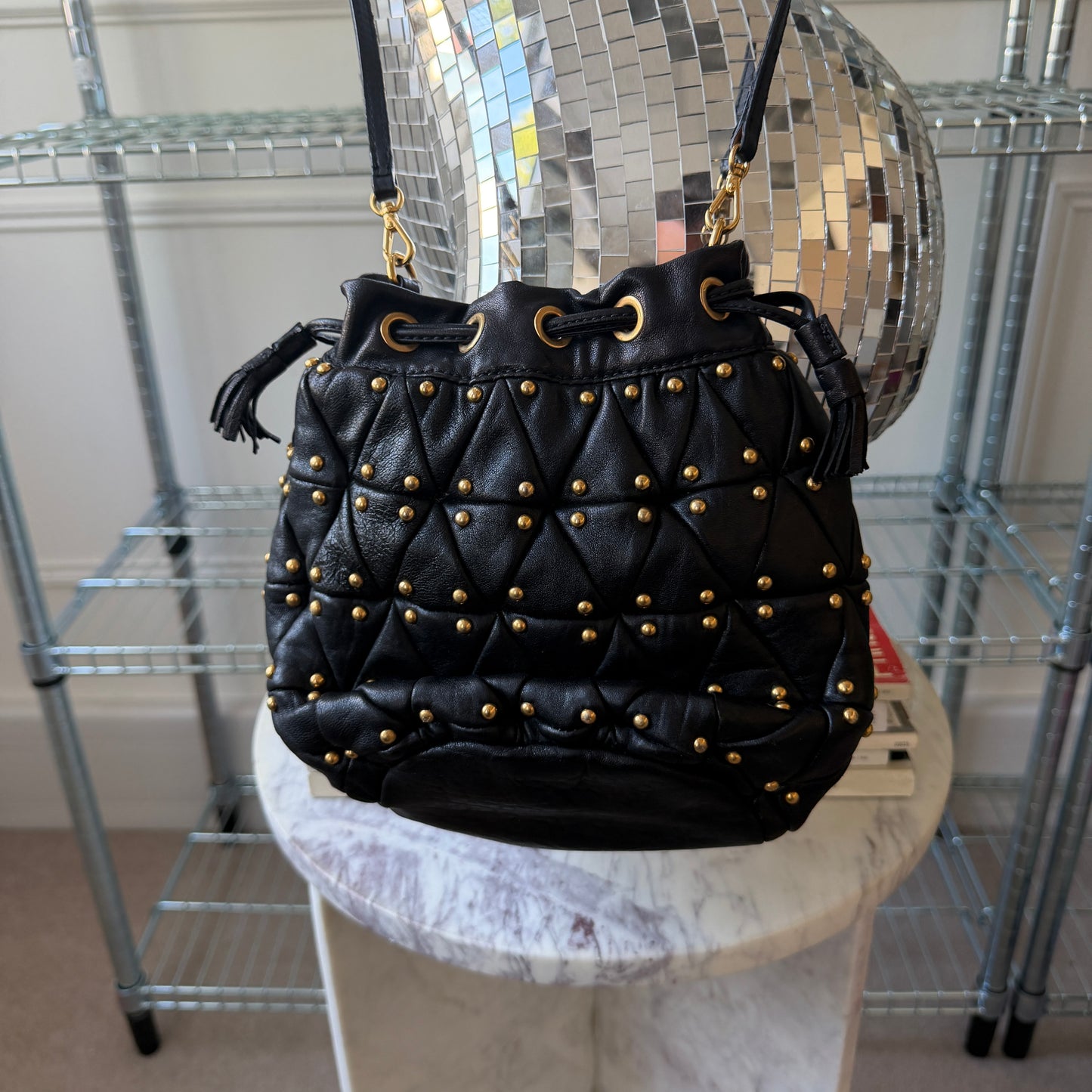 Pre-Owned Black Gold Studded Leather Bucket Bag