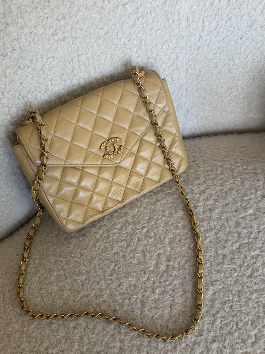 Pre-Owned Beige Jewelled Lambskin Single Flap Shoulder Bag