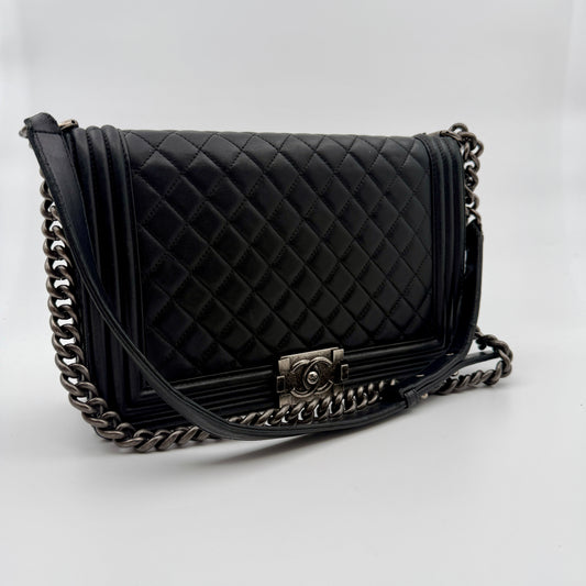 Pre-Owned Black Lambskin 'Boy' Single Flap Crossbody Bag
