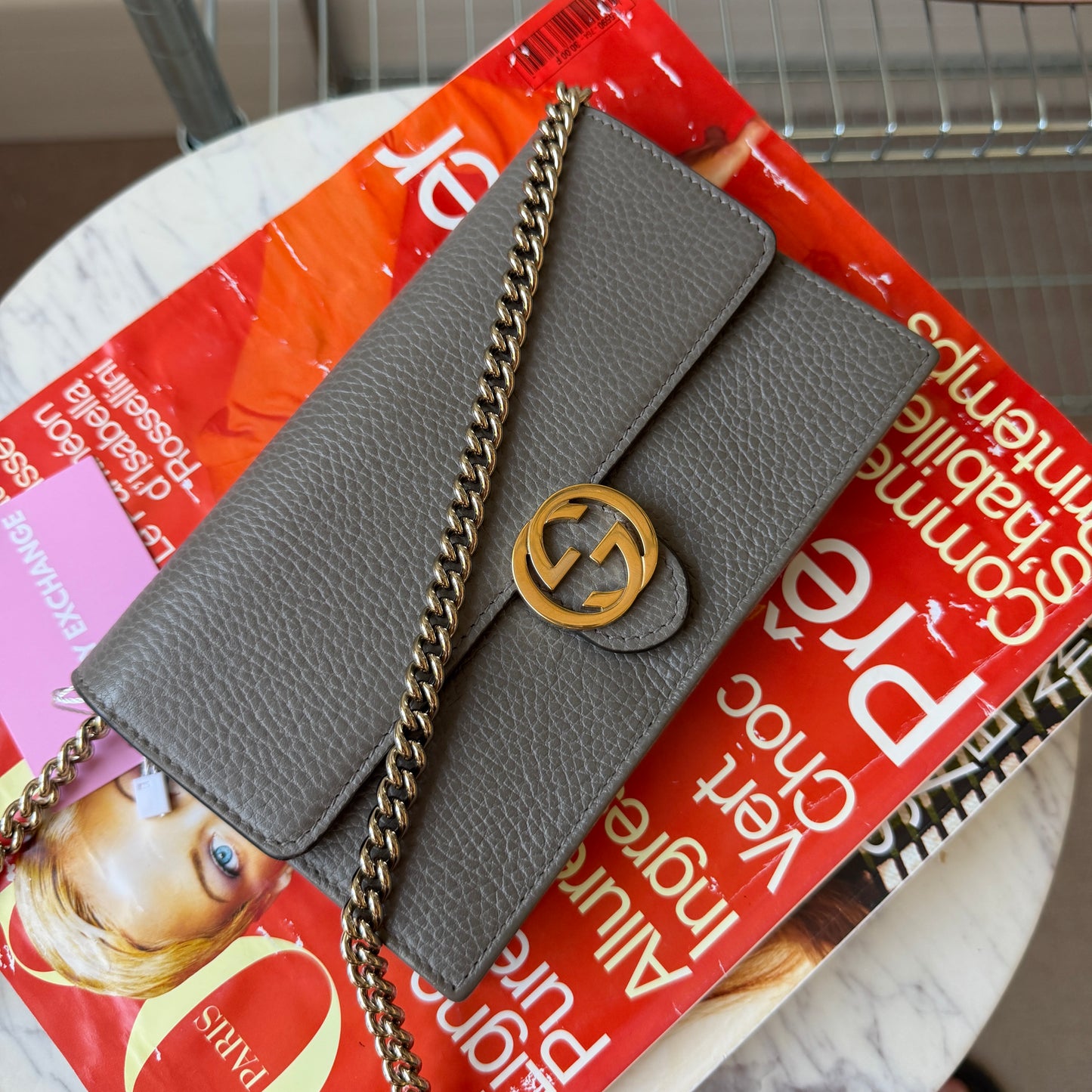Pre-Owned Grey GG Leather Wallet on Chain