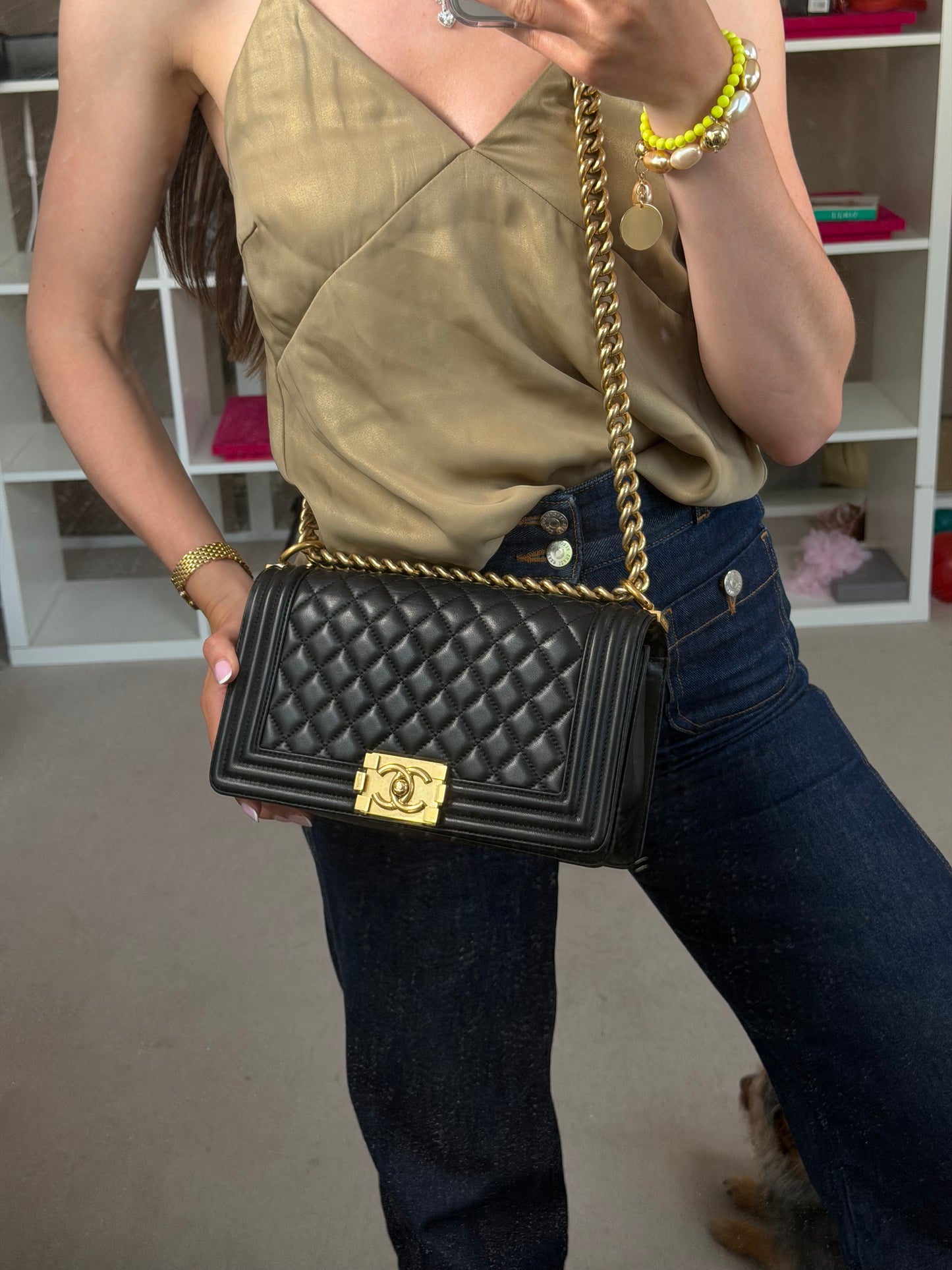 Pre-Owned Black Matelassé Lambskin Leather Boy Single Flap Handbag
