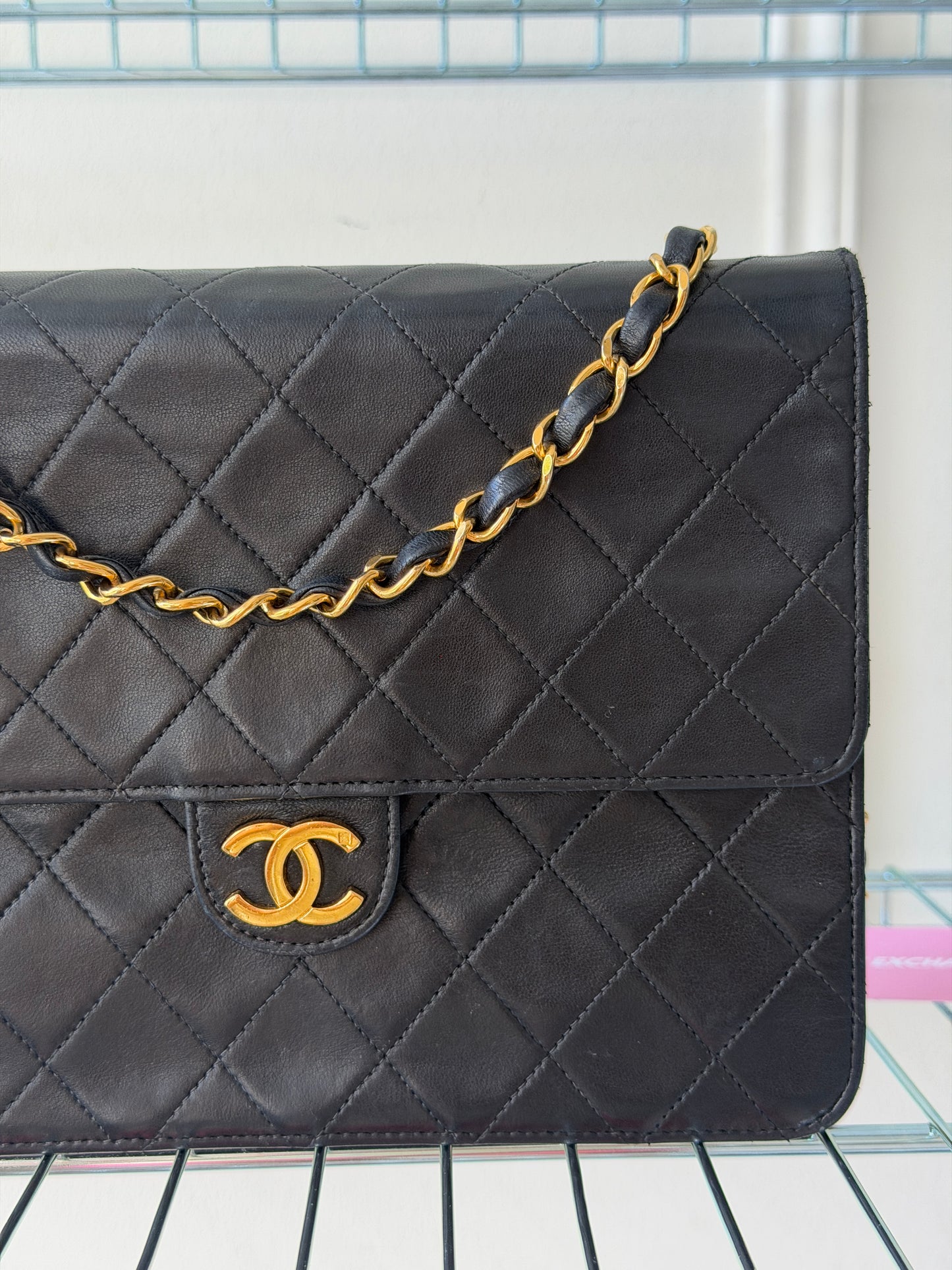 Pre-Owned Black Matelassé Lambskin Square Single Flap Shoulder Bag