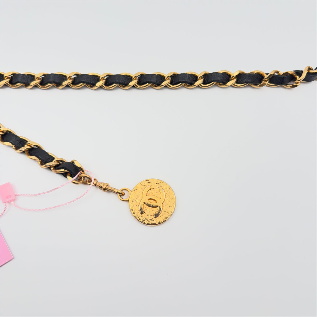 Pre-Owned Black Gold-Plated Chain/Leather Belt