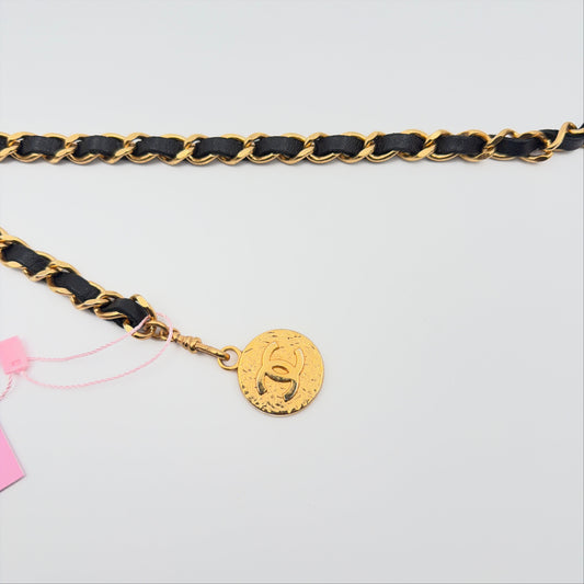 Pre-Owned Black Gold-Plated Chain/Leather Belt