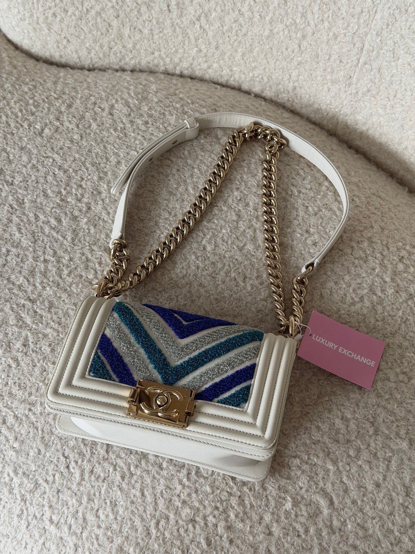 Pre-Owned White/Blue Lambskin Leather Boy Mini Single Flap