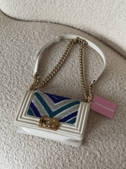 Pre-Owned White/Blue Lambskin Leather Boy Mini Single Flap