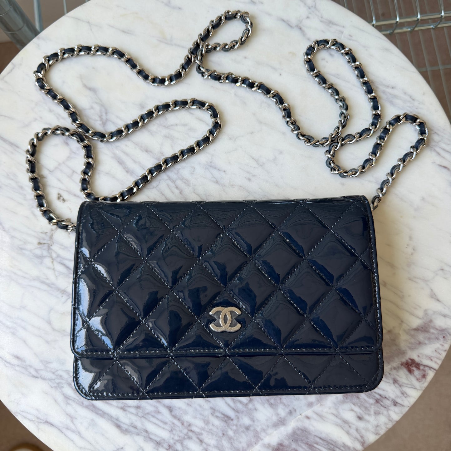 Pre-Owned Navy Patent Leather Wallet on Chain
