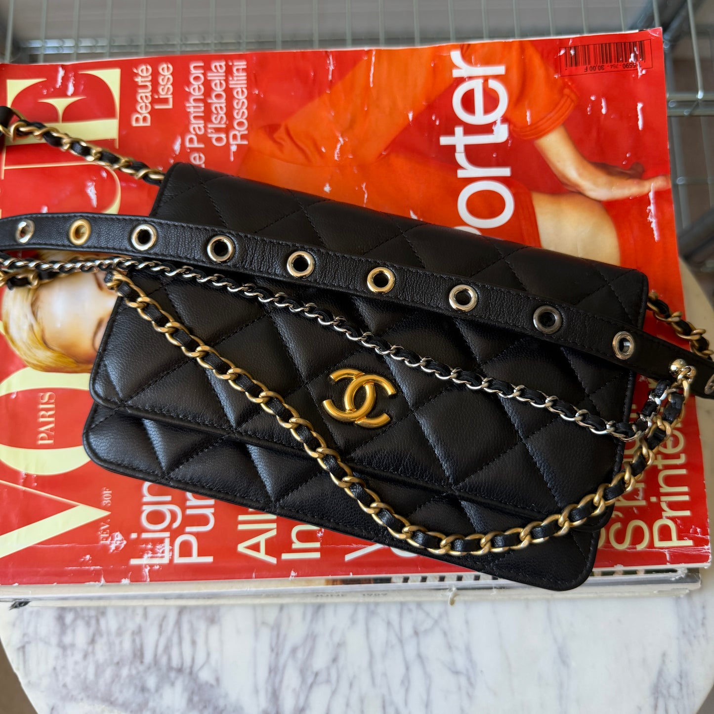 Pre-Owned Black Matelassé Lambskin 'Grommet' Wallet on Chain
