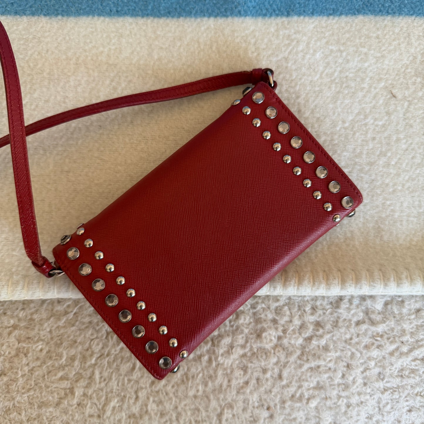 Pre-Owned Red Studded Saffiano Leather Wallet on Chain