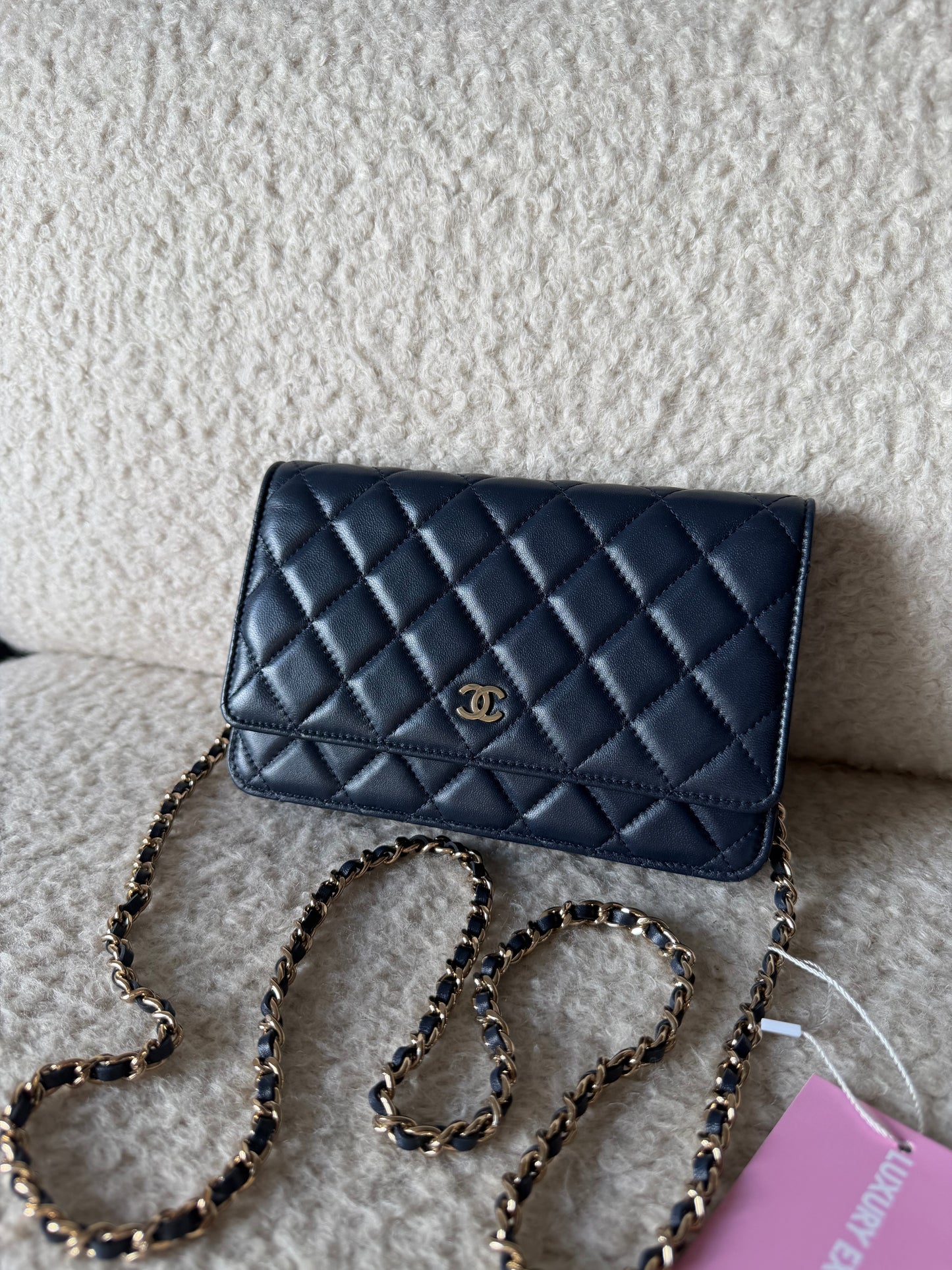 Pre-Owned Navy Matelassé Lambskin Leather Wallet on Chain