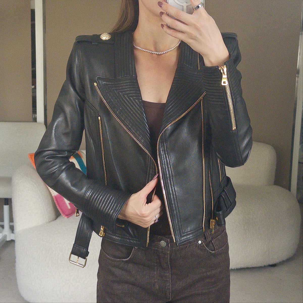 Pre-Owned Black/Gold Detail Leather Jacket (36)
