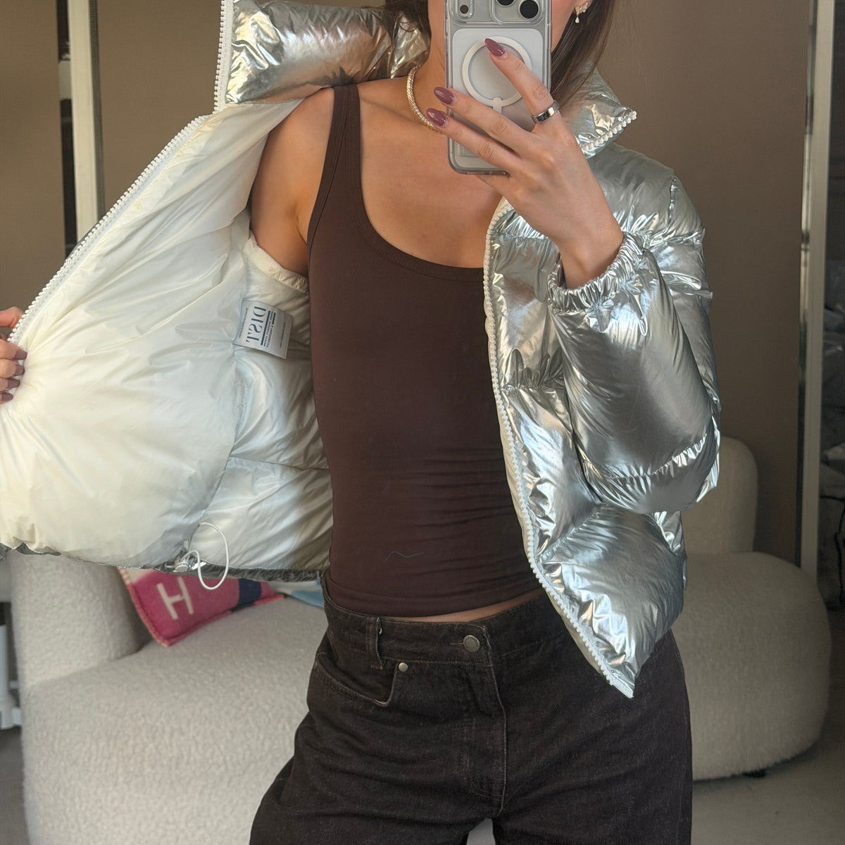 Pre-Owned Silver Metallic Down Jacket Size 0