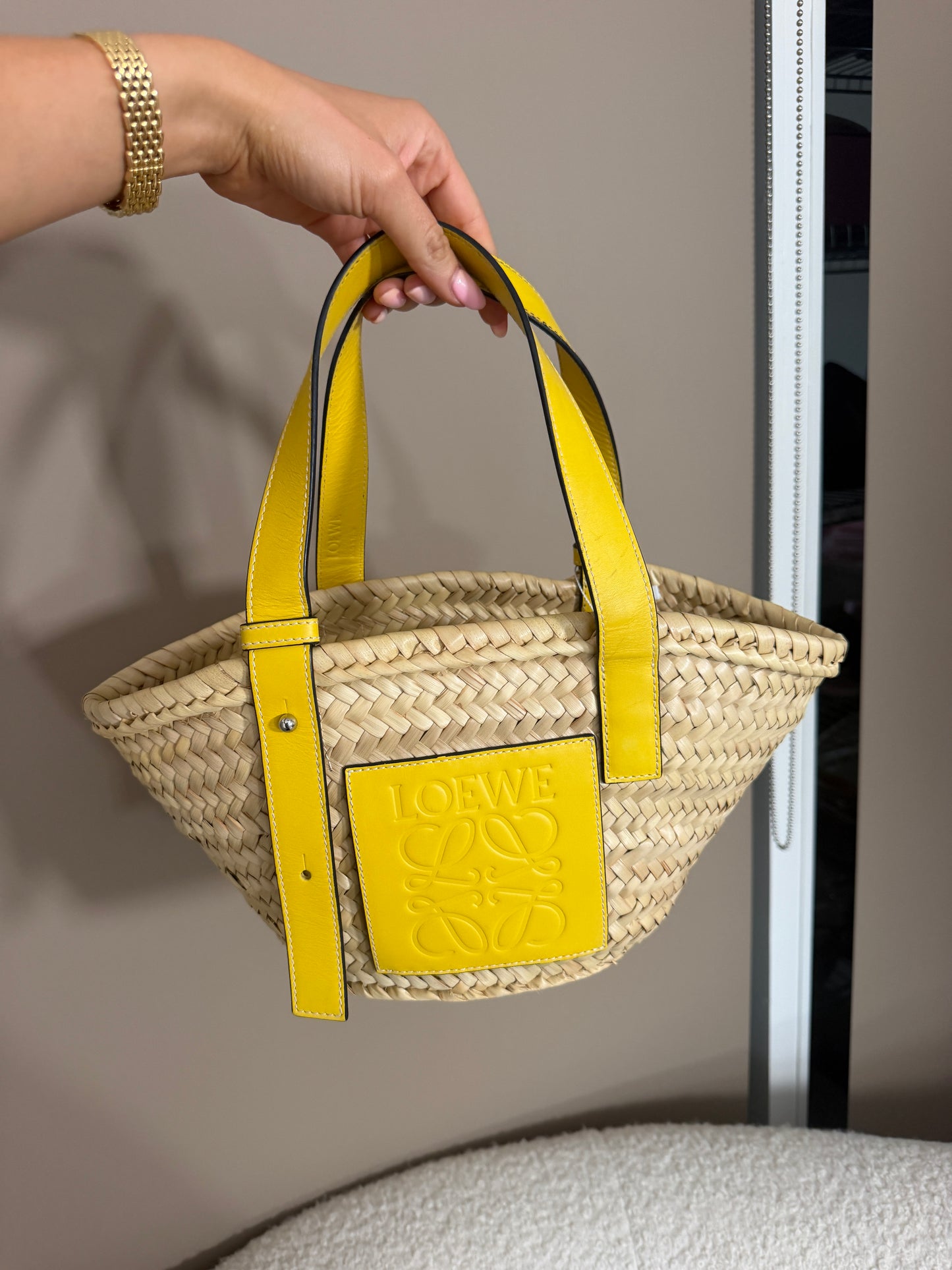 Pre-Owned Yellow Raffia Bucket Bag